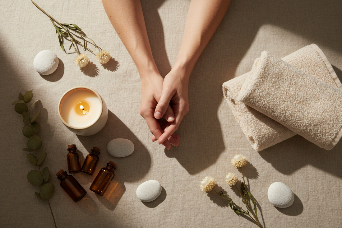 Benessere intimo di coppia: oli, candele e prodotti per l'intimità su sfondo naturale
