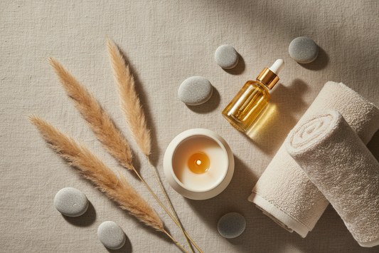 Composizione elegante spa con candela da massaggio, olio e elementi naturali su sfondo neutro