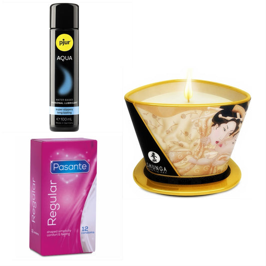 Kit Intimità Premium: preservativi Pasante 12 pz, PJUR Aqua 100 ml e candela massaggio Shunga 170 ml